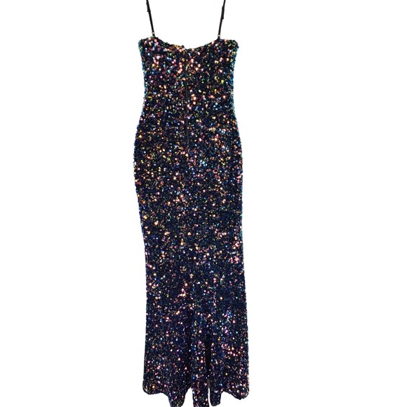 B Darlin Strappy Blue Pink Sequin Slit-Front Maxi Dress Formal Prom Sz 3/4 JR - Picture 9 of 12